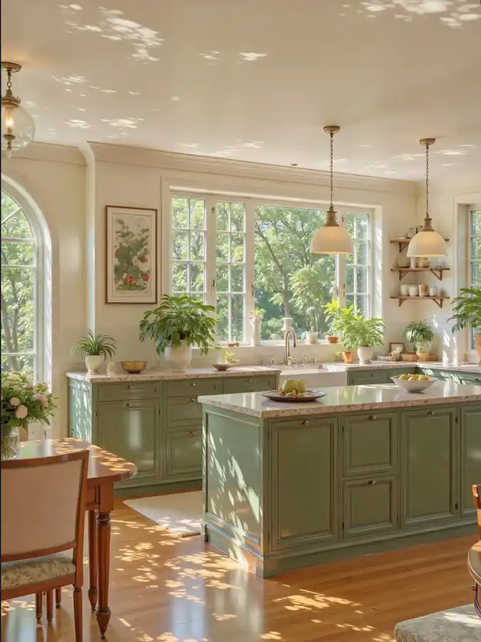Botanical Sage Cabinets with Abundant Natural Light