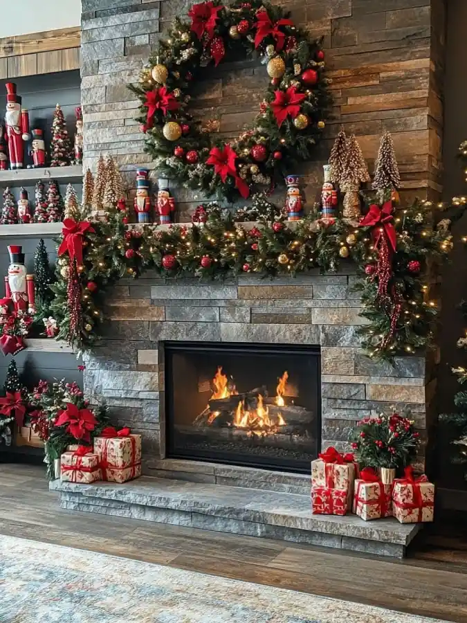 Classic Nutcracker and Poinsettia Display