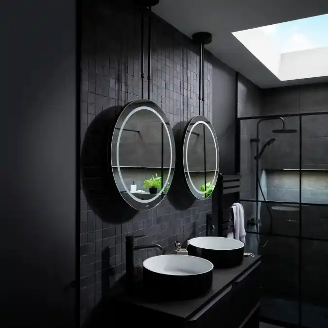 Dark Tiled Vanity and Shower Oasis