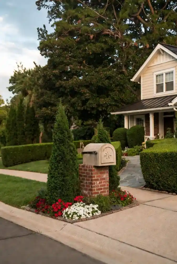 Formal Brick and Stone Pillar with Symmetrical Evergreens