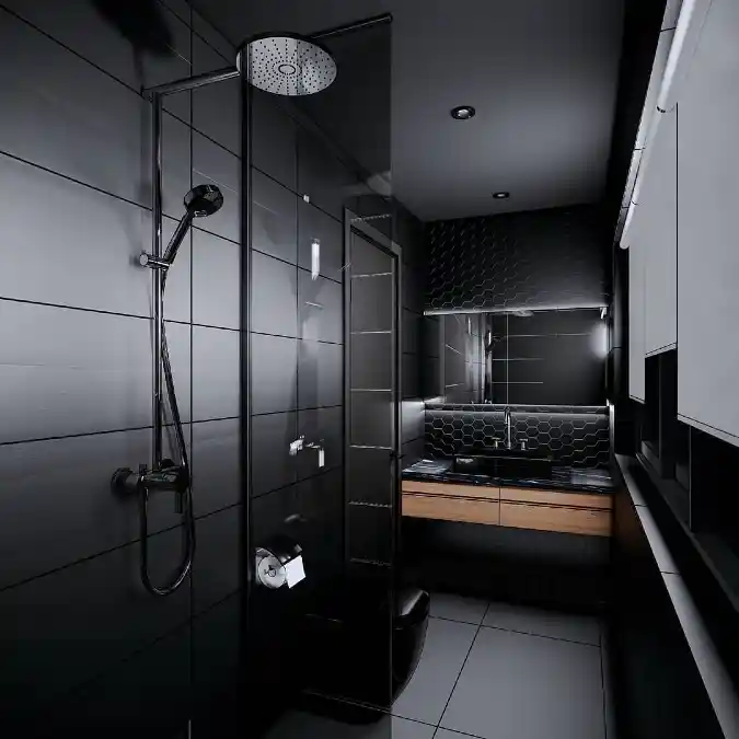 Textured All-Black Surfaces with Wood Accents