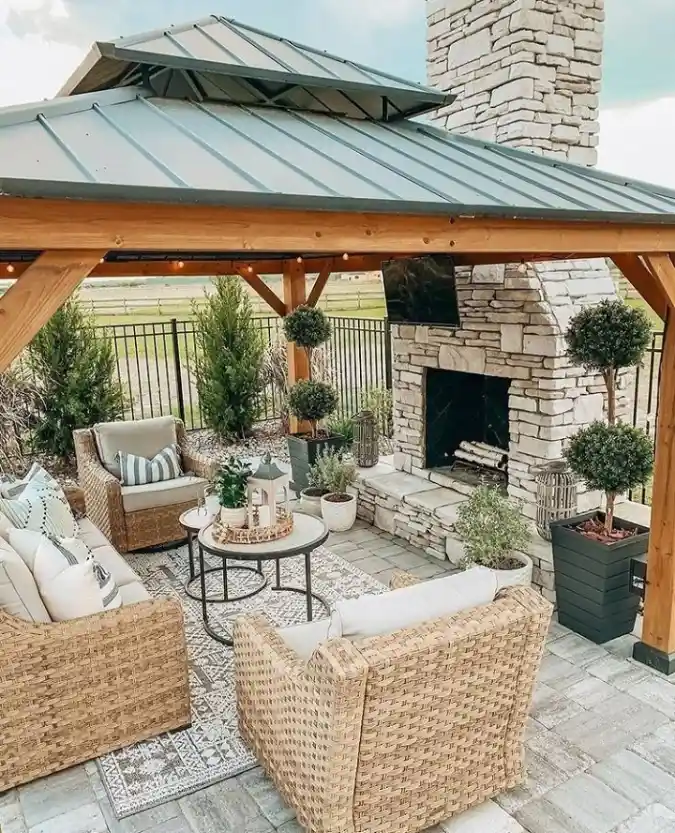 Covered Gazebo and Stone Fireplace Retreat