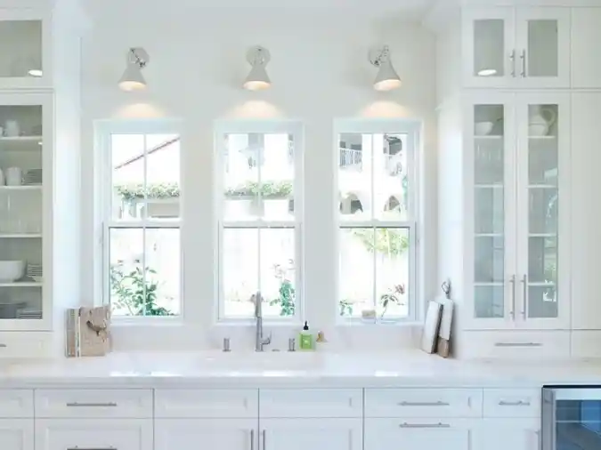 Flanking Glass-Front Cabinets