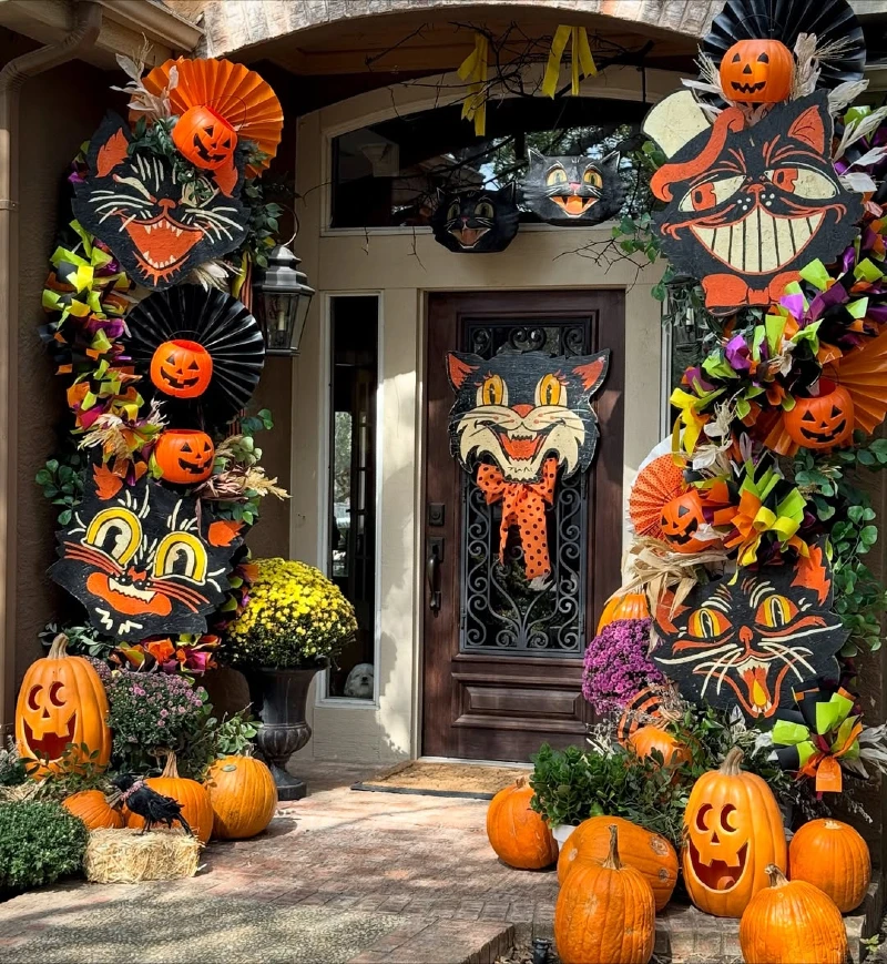 Nostalgic Vintage Black Cat and Pumpkin Porch Spectacle