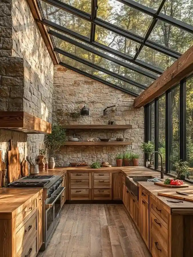 Rustic Stone and Wood Industrial Kitchen