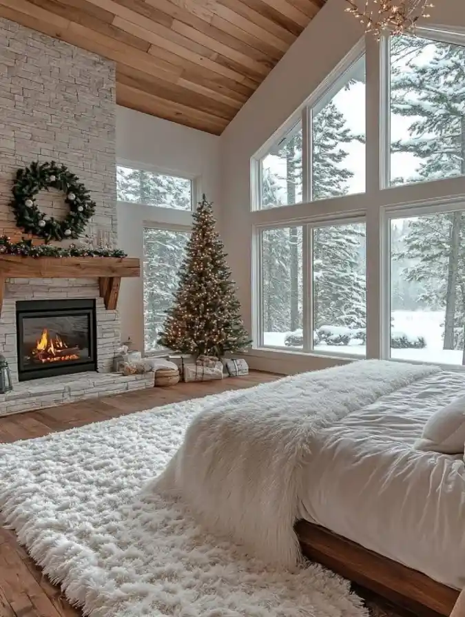 Snow-Kissed Fireplace Bedroom Retreat