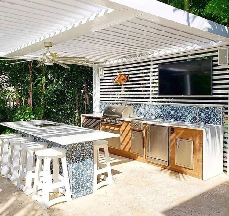 Vibrant Blue Tile Poolside Cabana Kitchen