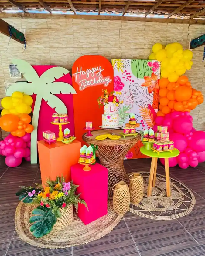 Vibrant Tropical Dessert Table Setup