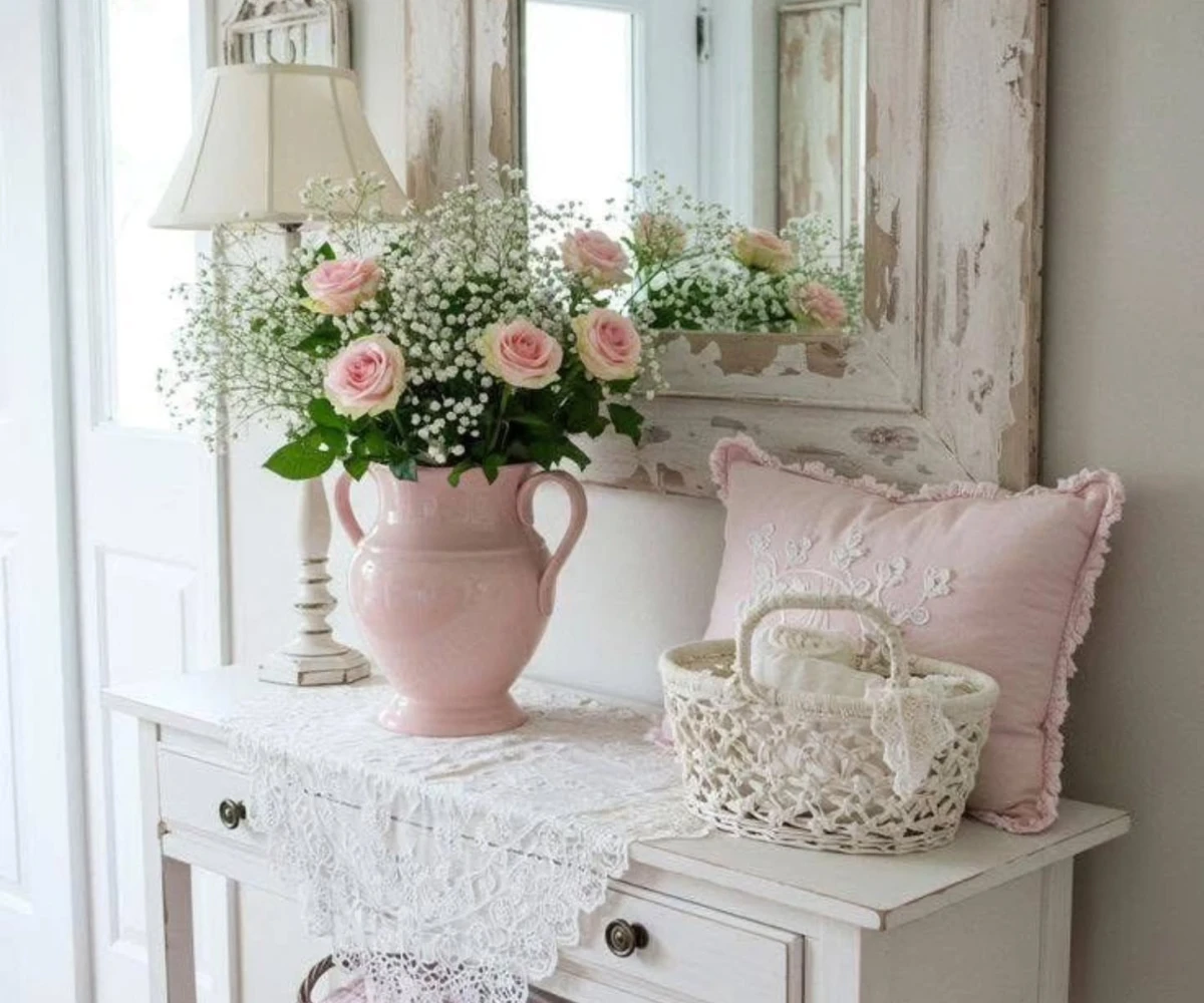 Distressed Console with Pink Roses