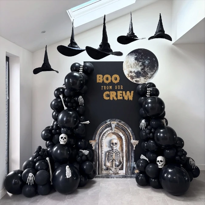Floating Witch Hats and Balloon Backdrop