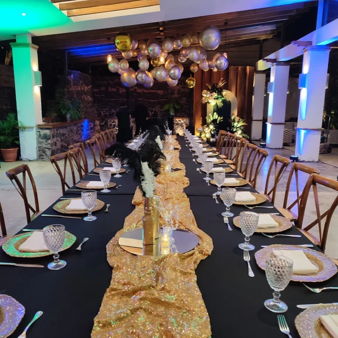 Long Banquet Table with Sequin Runner