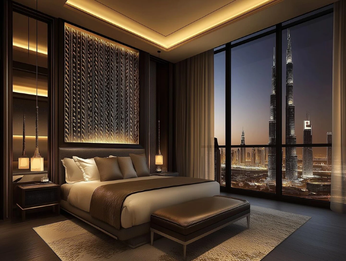 13. Illuminated Golden Panel and Skyline View