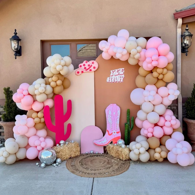 Neutral Balloon Arch with Pink Accents