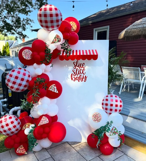 Festive Balloon and Backdrop Pizzeria