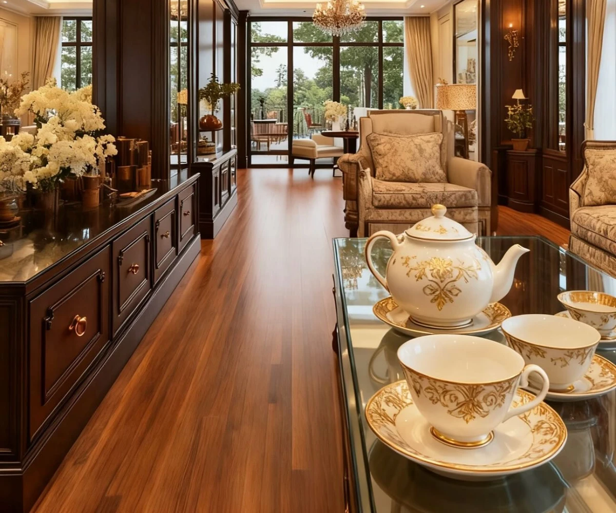 Fine China and Dark Wood Paneling