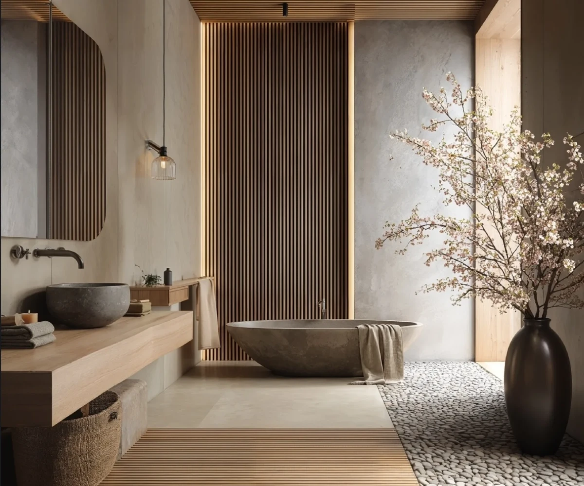 Slatted Wood Panels And Pebble Flooring