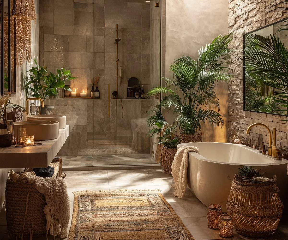 Large Potted Palms And Patterned Rug