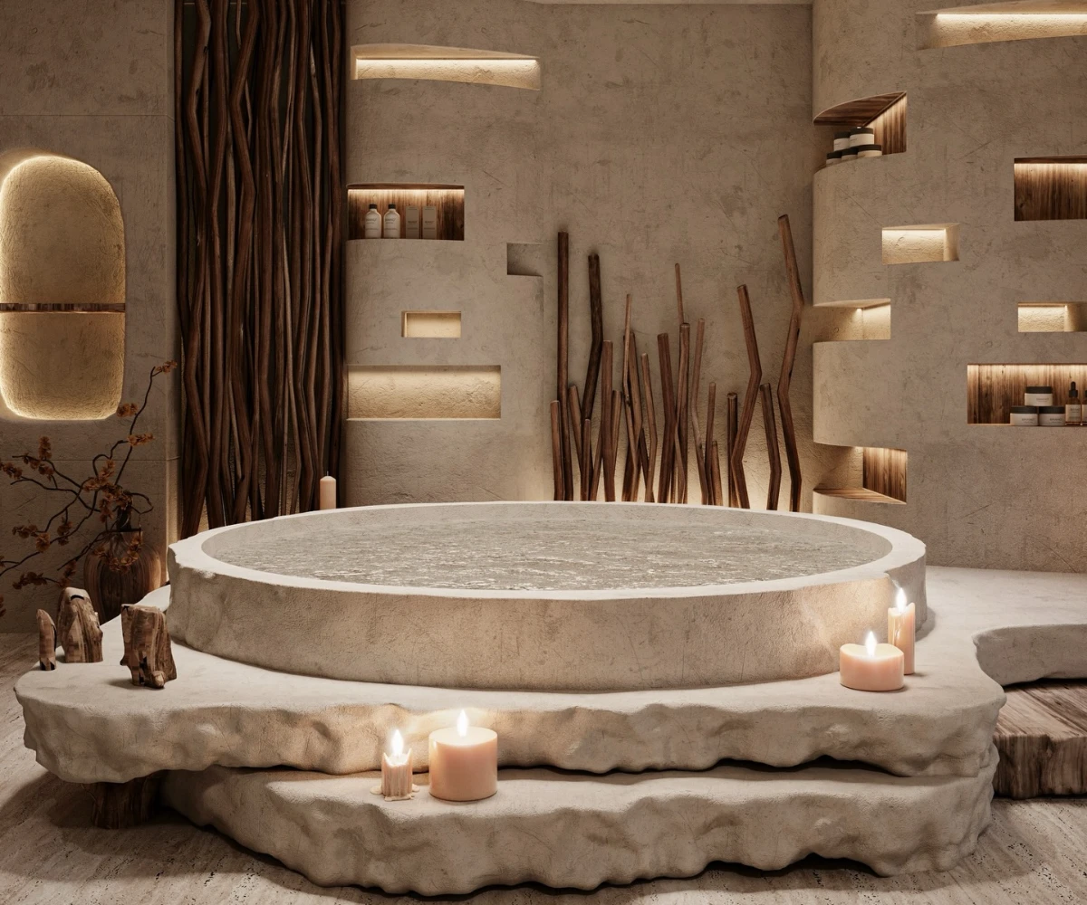 Round Stone Tub And Illuminated Wall Niches