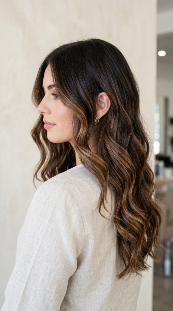 dark brown hair with caramel highlights