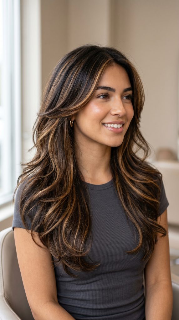 dark brown hair with caramel highlights