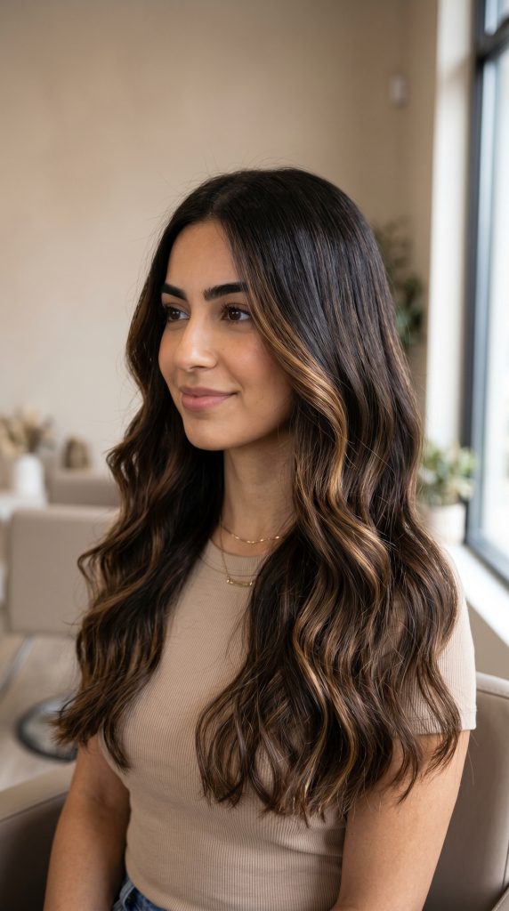 dark brown hair with caramel highlights