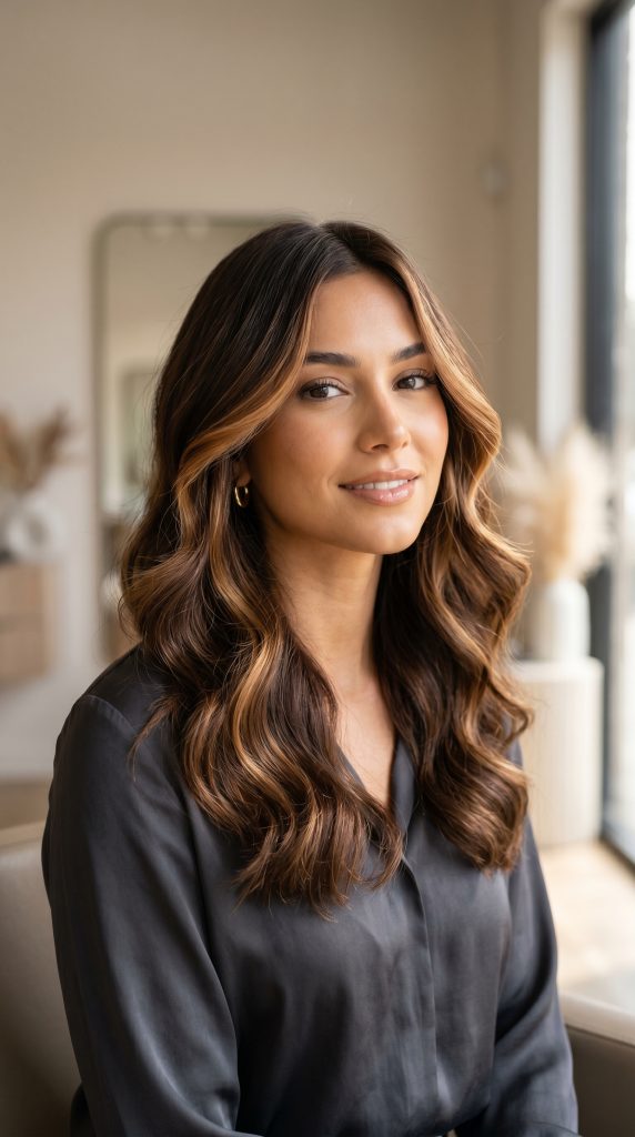 dark brown hair with caramel highlights